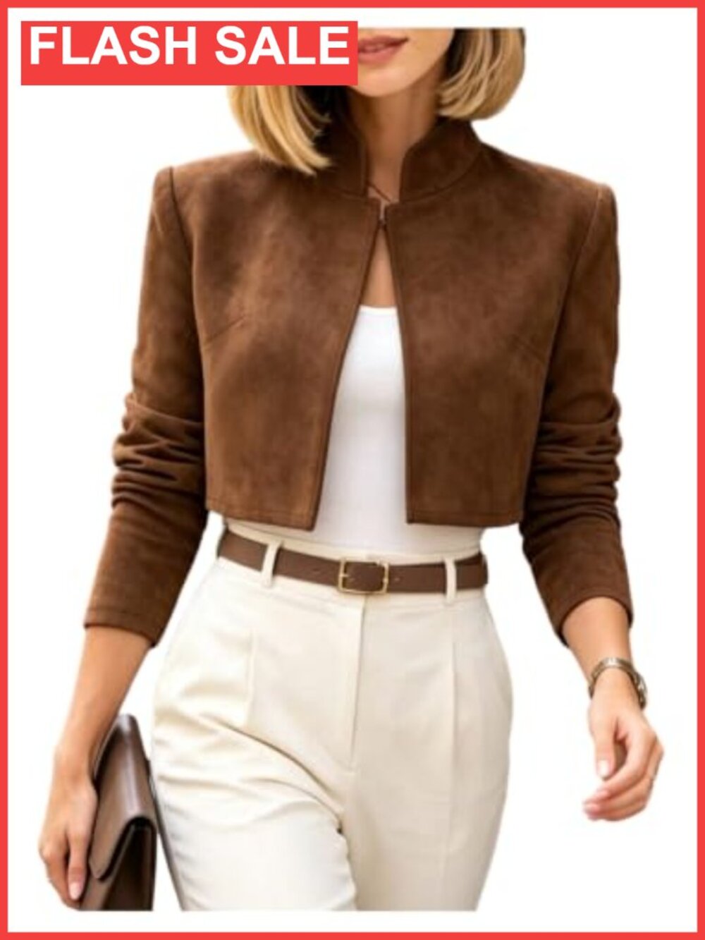 Suede Cropped Jacket Open Front Stand Collar Long Sleeve Casual